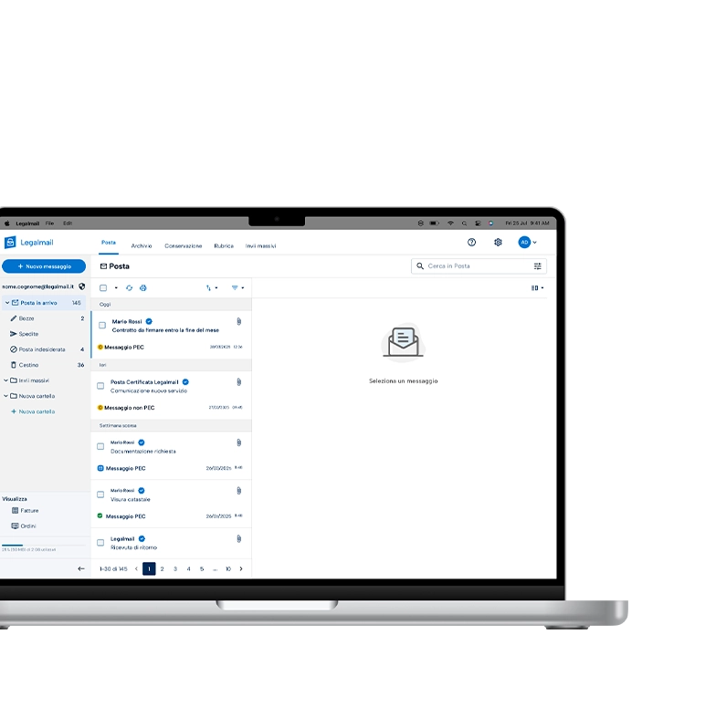 Mockup parziale dell'interfaccia utente della casella PEC Legalmail