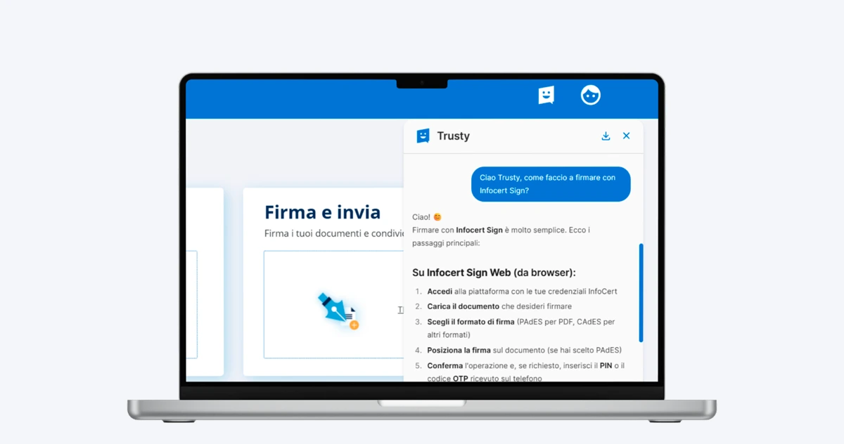 Schermata dell'applicativo infocert sign con aperta la chat del chatbot Trusty