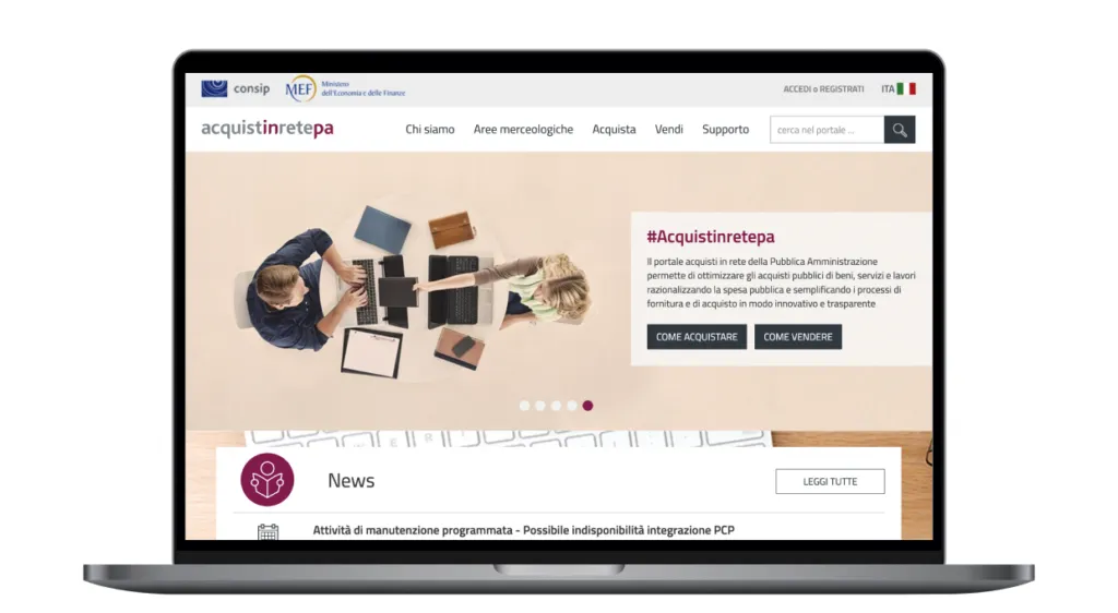 Computer portatile che mostra il portale Acquisti in Rete PA per la Pubblica Amministrazione