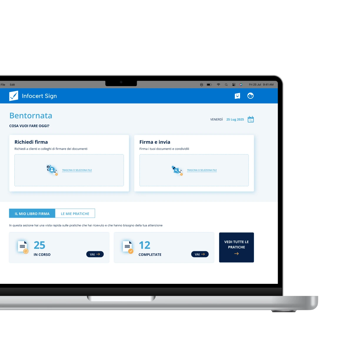 Schermo di un computer portatile con un mockup ravvicinato dell'applicazione InfoCert Sign per la firma digitale e la verifica dei documenti.
