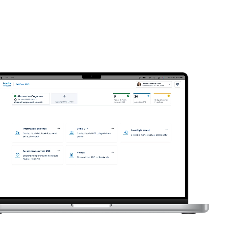 Schermo di un computer con un mockup ravvicinato dell'area personale Selfcare SPID Tinexta Infocert, dedicata alla gestione e configurazione dell'identità digitale SPID.