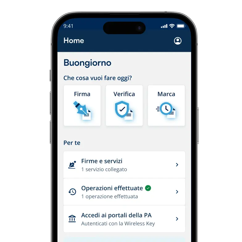 Schermo di uno smartphone con un mockup ravvicinato dell'applicazione mobile InfoCert Sign per firmare e verificare documenti in mobilità.