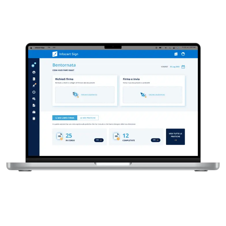 Schermo di un computer portatile con il mockup completo dell'applicazione InfoCert Sign, utilizzata per la firma digitale, la marca temporale e la verifica dei documenti.