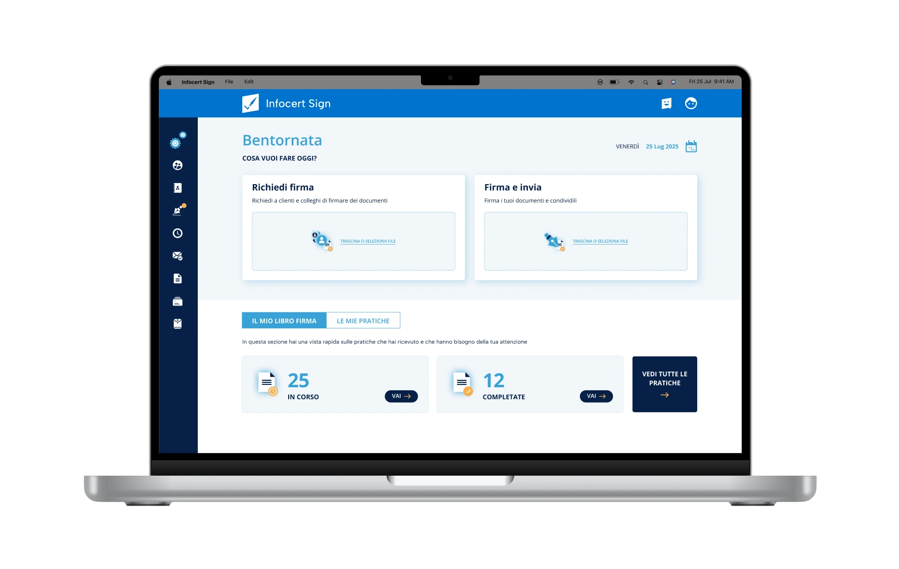 Schermo di un computer portatile con il mockup dell'applicativo desktop InfoCert Sign, utilizzato per l'apposizione e la verifica della firma digitale LegalCert.