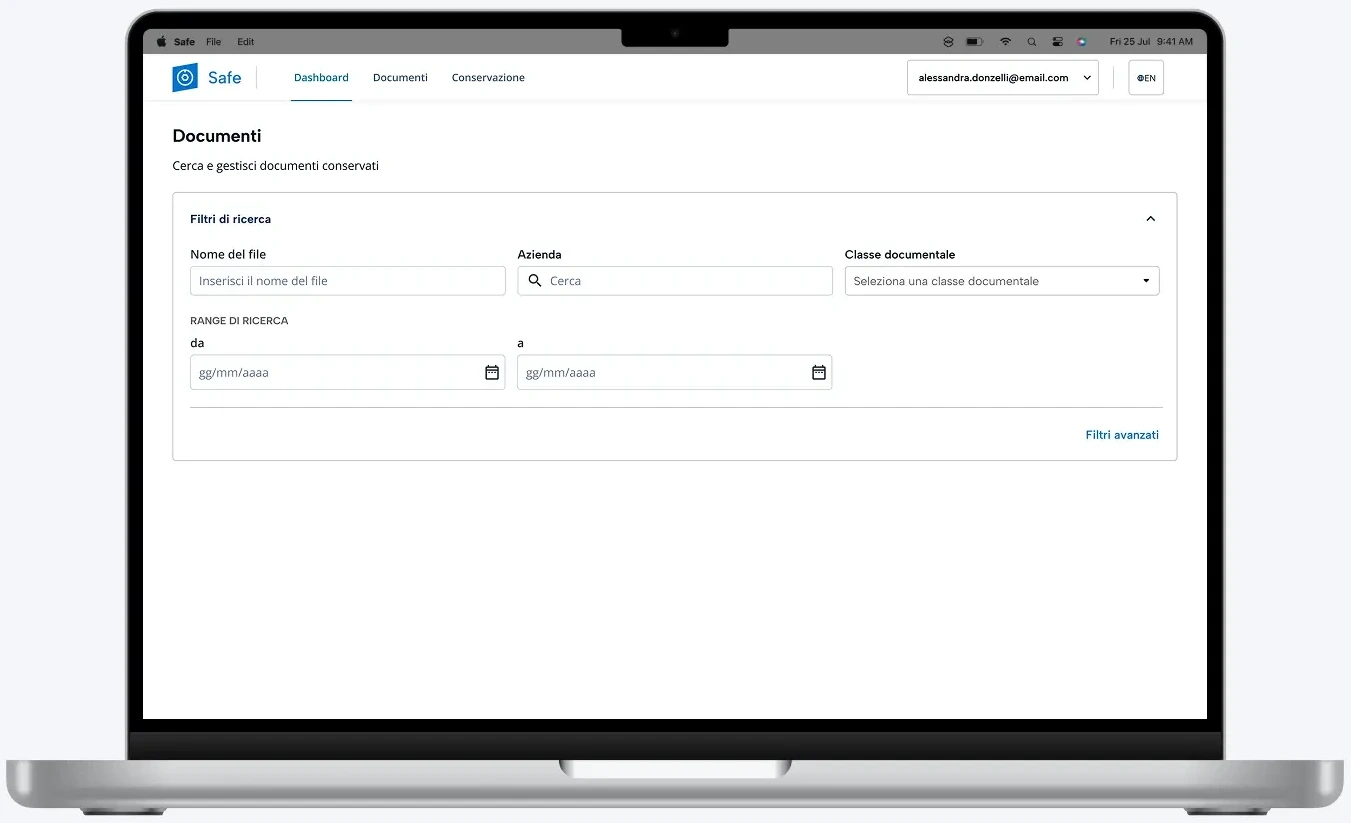 schermo di un computer portatile con il mockup del servizio Safe di Tinexta InfoCert, focalizzato sulla gestione e la conservazione digitale a norma dei documenti con archivia cloud