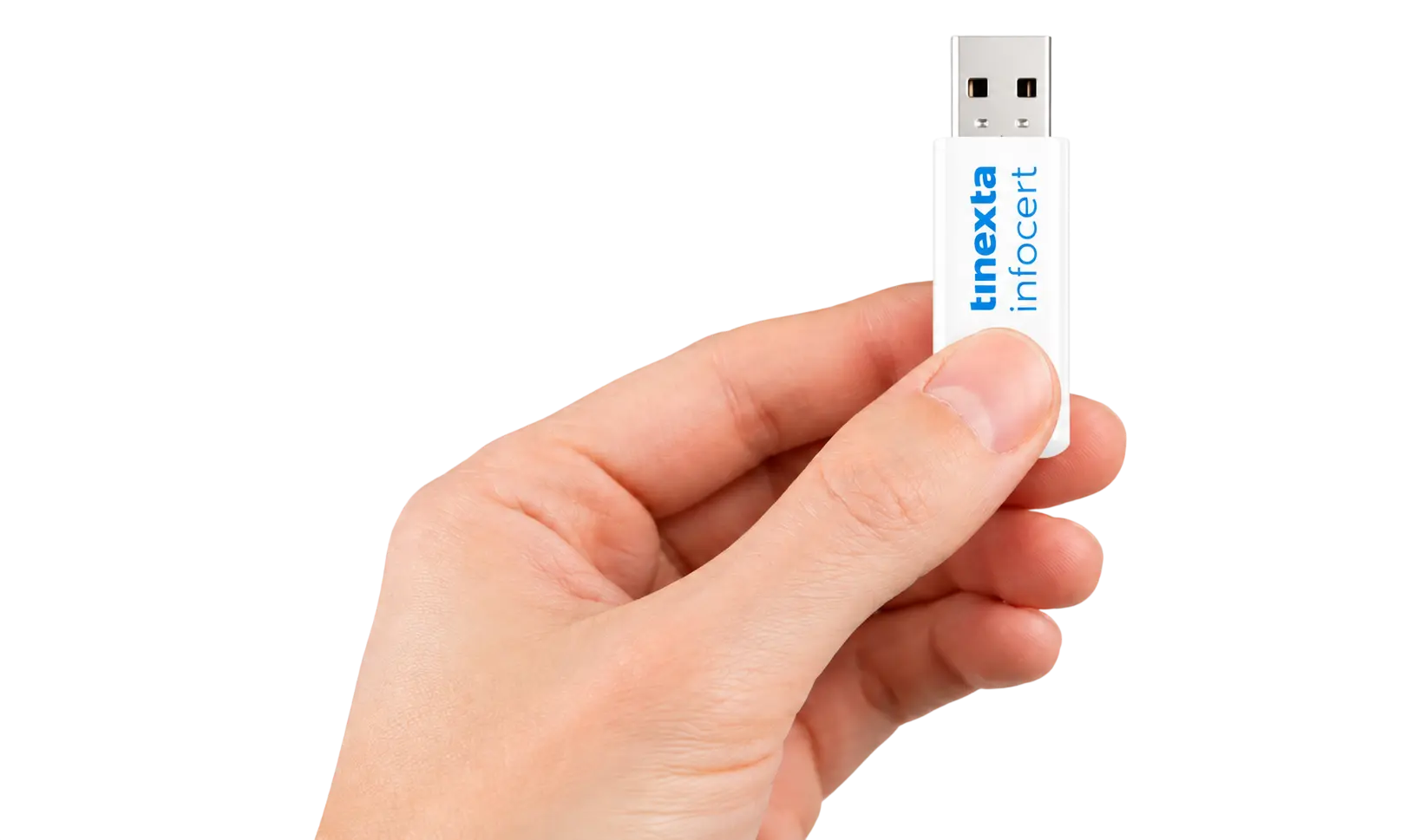 Una mano che presenta la chiavetta hardware Business Key di LegalCert, dispositivo USB per la firma digitale e l'autenticazione sicuro.