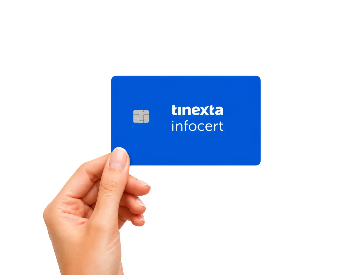 Una mano in primo piano che mostra il dispositivo hardware Smart Card di LegalCert per la firma digitale
