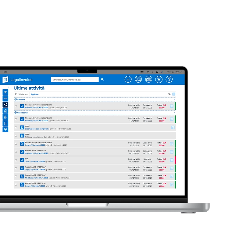 Schermo di un computer con un mockup ravvicinato dell'interfaccia del software Legalinvoice di Tinexta Infocert che mostra le ultime attività