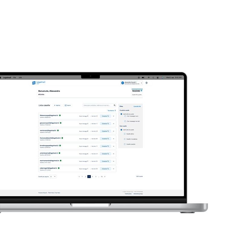 Schermo di un computer con un mockup ravvicinato della dashboard Legalmail Hub di Tinexta Infocert, dedicata alla gestione centralizzata delle PEC.