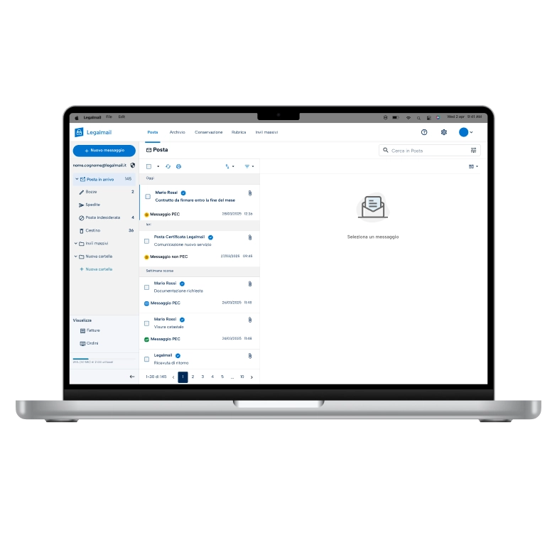 Schermo di un computer con un mockup ravvicinato dell'interfaccia webmail della PEC Legalmail, per illustrarne i dettagli funzionali
