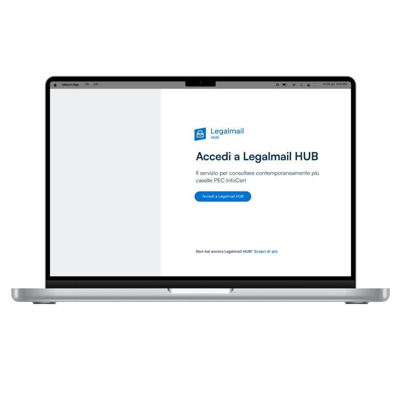 Schermo di un computer con il mockup della schermata di login di Legalmail Hub di Tinexta Infocert.