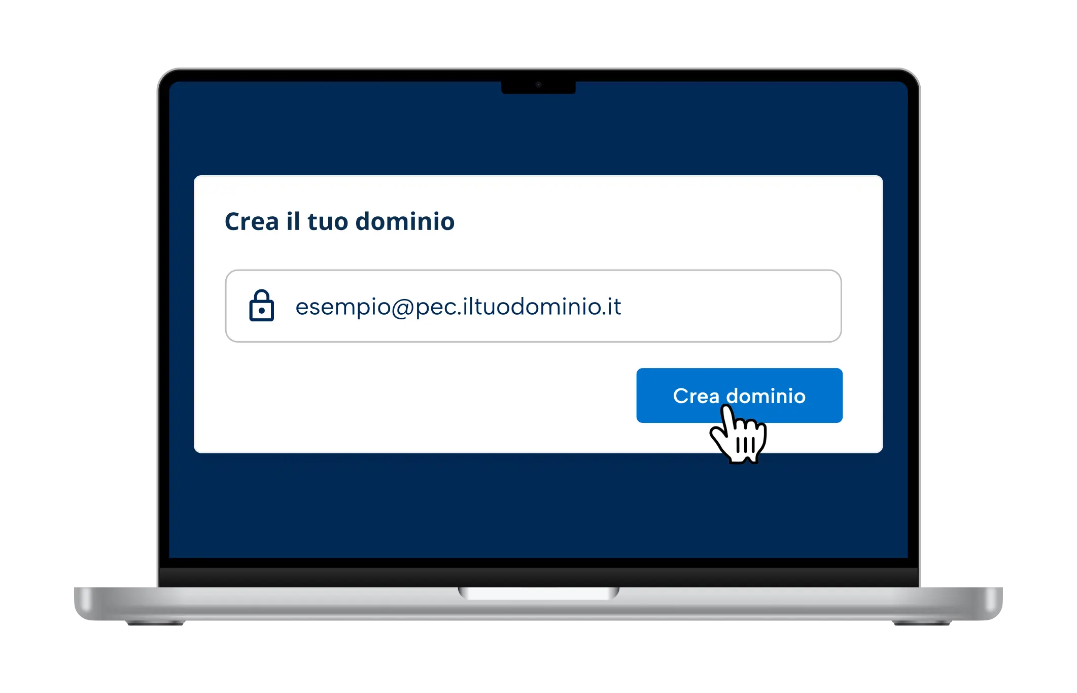 Schermo di un computer con il mockup della webmail PEC Legalmail, che evidenzia l'utilizzo di un indirizzo con dominio personalizzato.