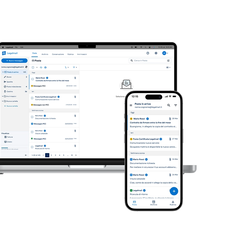 Schermi di un computer e di uno smartphone con il mockup della piattaforma webmail PEC Legalmail di Tinexta Infocert, che ne illustrano il design responsivo.