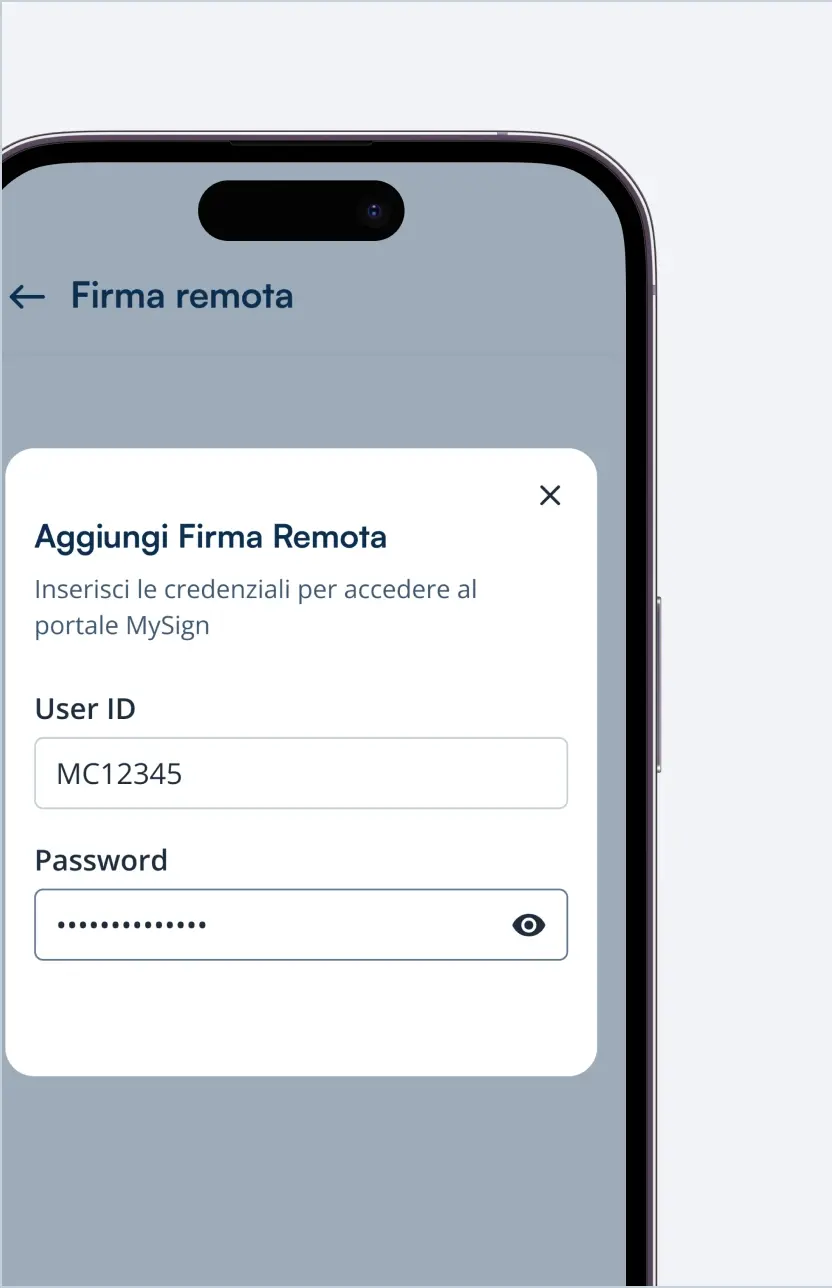 Schermo di uno smartphone con un mockup ravvicinato dell'interfaccia di configurazione, incentrato sul passaggio per associare la firma remota LegalCert.