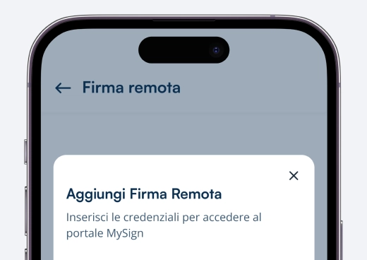 Schermo di uno smartphone con il mockup della schermata di configurazione e inserimento dati per l'attivazione della firma remota LegalCert.