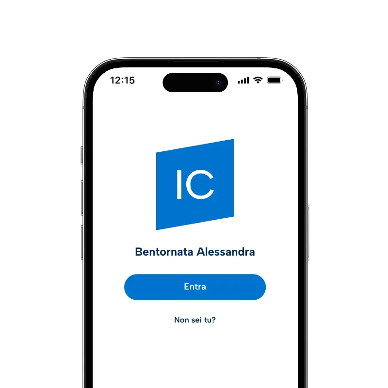 Schermo di uno smartphone con il mockup dell'applicazione mobile MyInfoCert, focalizzato sulla procedura di accesso al servizio SPID